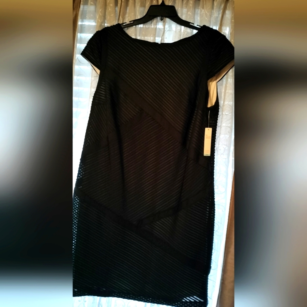 Women's Black Dress with Striped Sheer Overlay